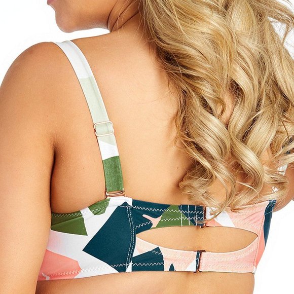 Raisins Bikini Top 16W Underwire Bandeau Tropical Removable Strap Palm Geo White - Picture 2 of 9